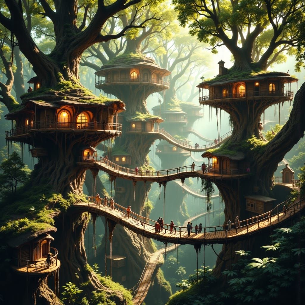 Dozens of intricate treehouses in a forest that all connect with bridges like a city <lora:Morbid:1.0> <lora:Murraypunk ...