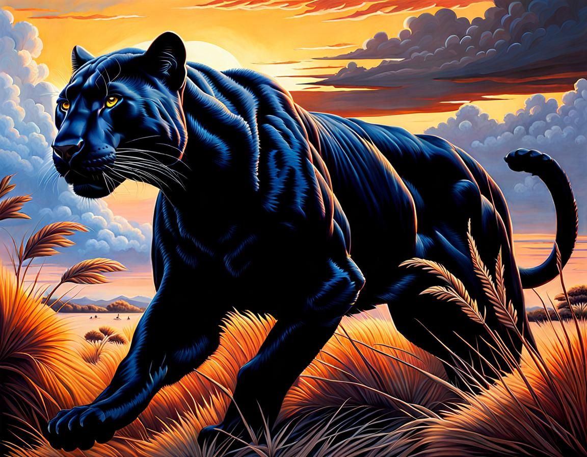 Majestic Black Panther Hunting: Hyperrealistic Oil Painting