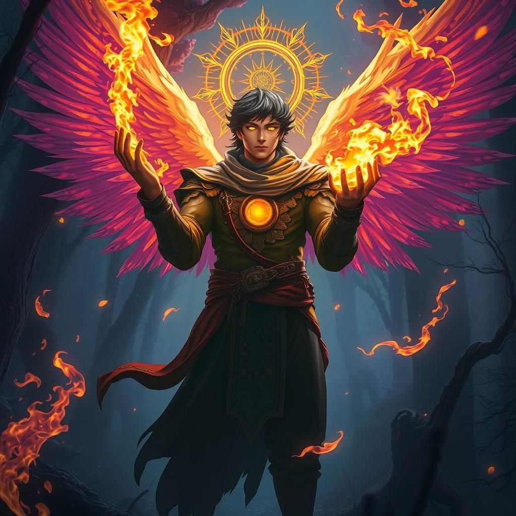 Fire Mage with Angel Wings in Dark Fantasy Art