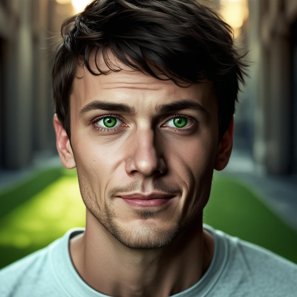 Photorealistic Portrait of a Young Man with Green Eyes