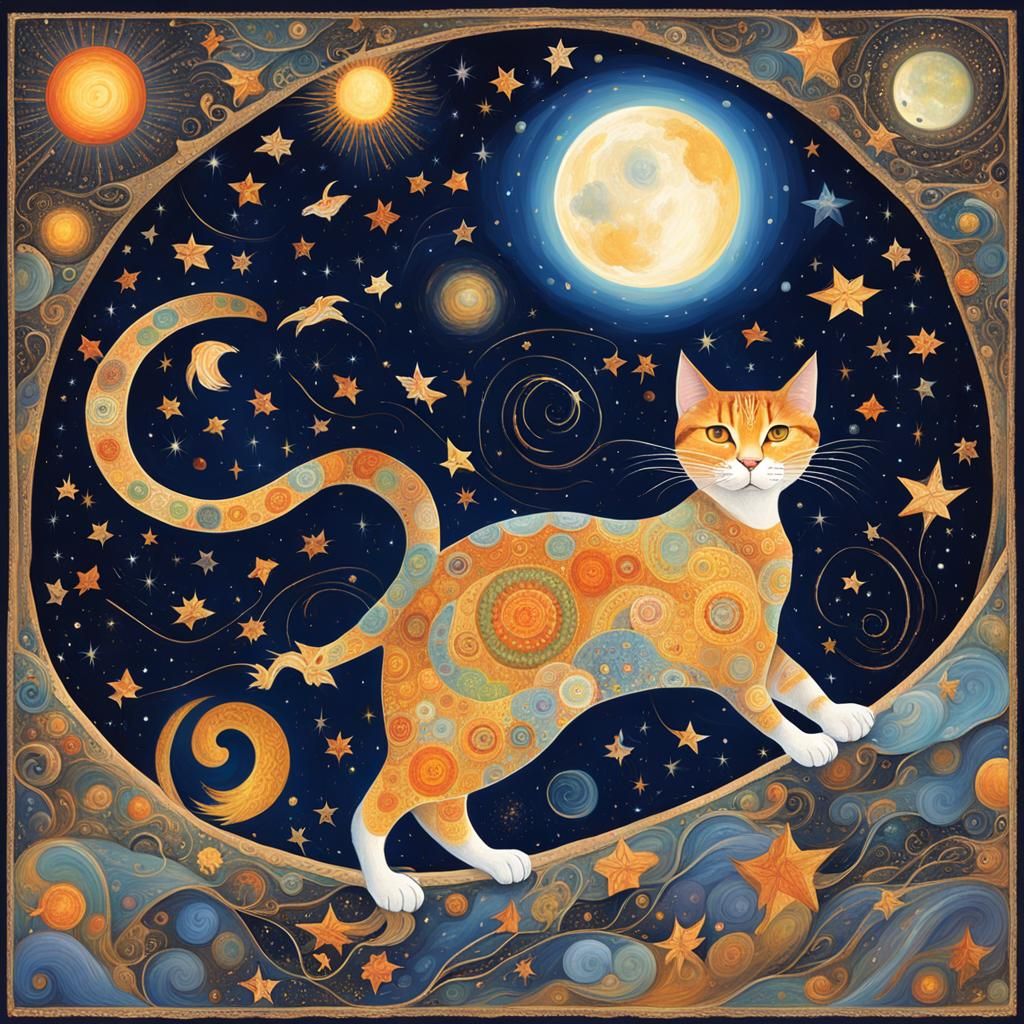 Cosmic Cat Moon Chasing Mouse Sun