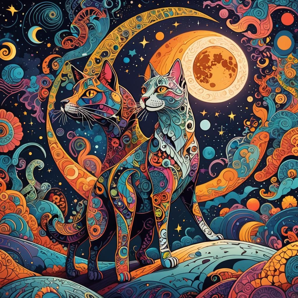 Psychedelic Dog and Cat on the Moon