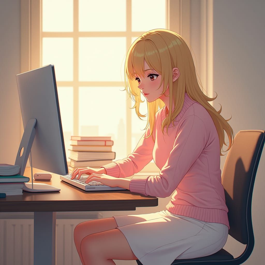 Blonde Woman Studying in Hyper-Realistic Anime Style