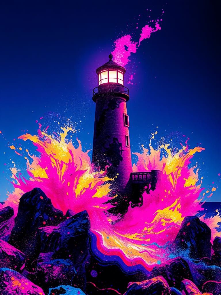 Fiery Lighthouse with Prismatic Ink Splatters in Anime Style