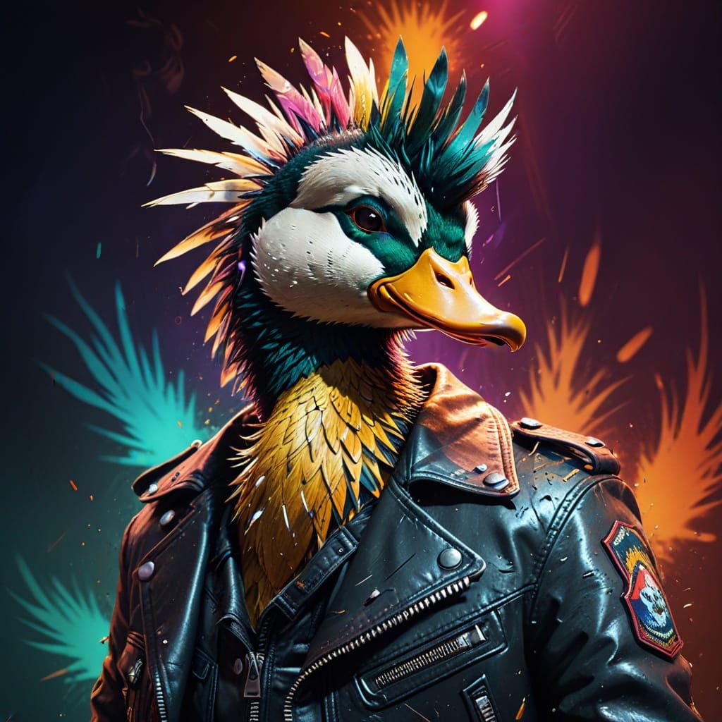 Duck in Leather Jacket Dances to Heavy Metal, Digital Art