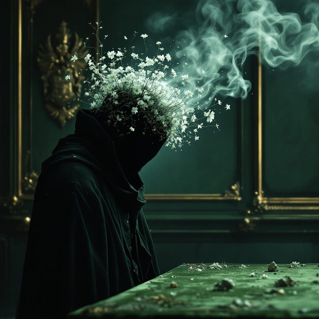 Decaying Figure in Brutalist Armor Adorns Sunken Empire Ruin...