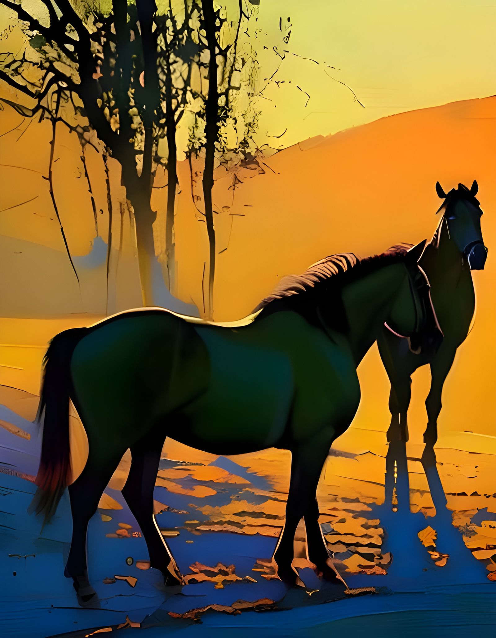 Horses Silhouetted in Impasto Style
