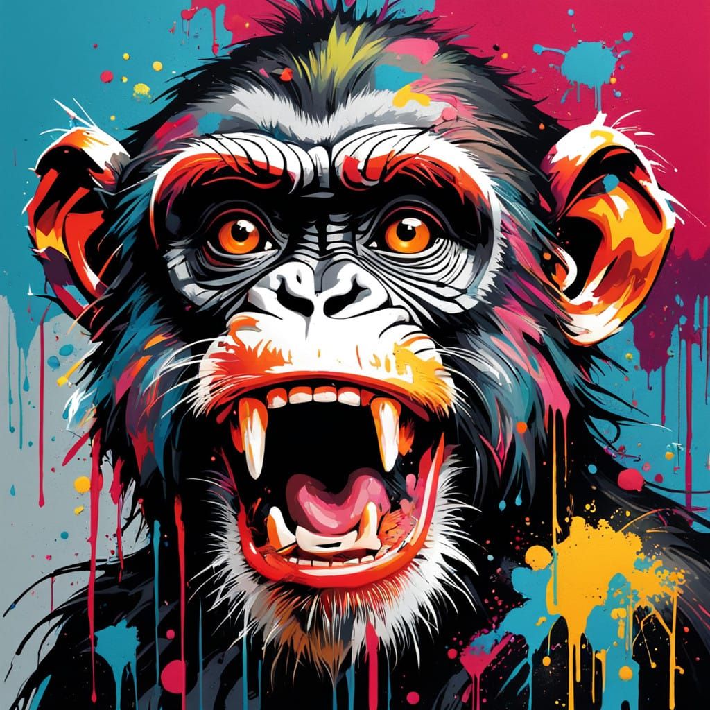 Menacing Monkey Face in Vibrant Street Art Style