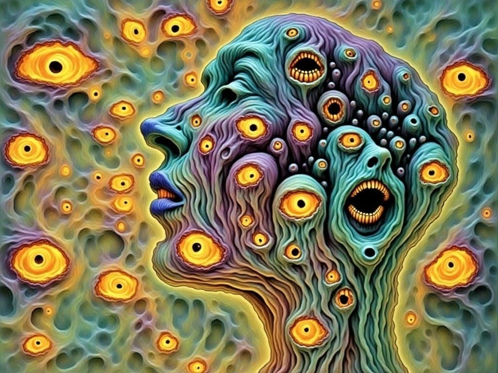 Psychedelic Head Melting into Ethereal Neon Dreamscape