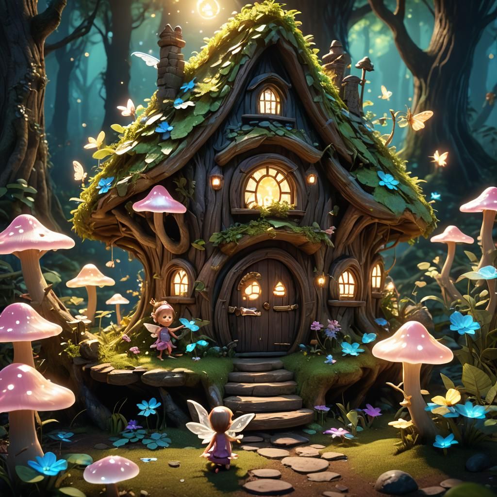 Fairy Babies by Fairy House in Bioluminescent Forest