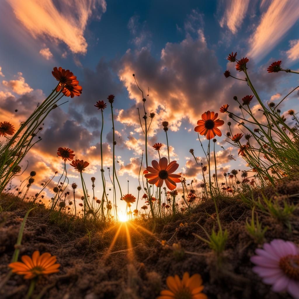 Bug's Eye View: Sunset Through Flowers