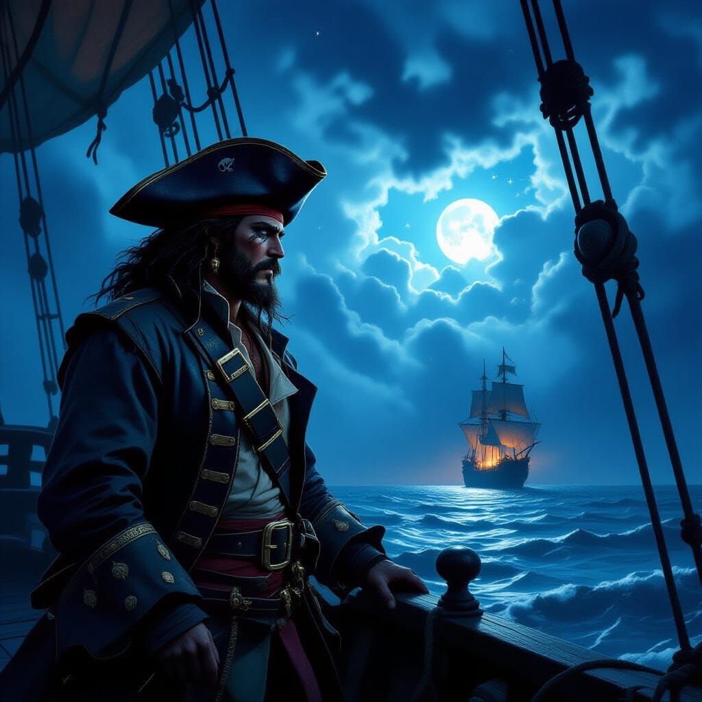 Pirate Captain Under Stormy Sky: Cinematic Oil Painting