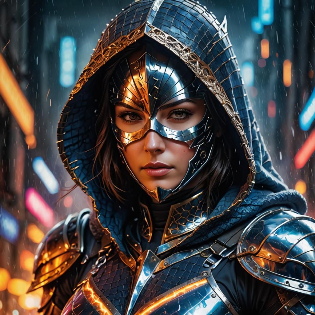 Armored Woman Knight in Mask and Hood