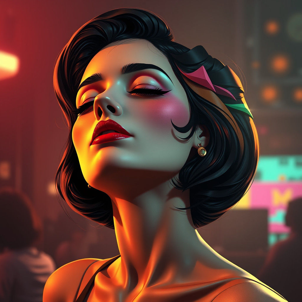 1960s Mod Beat Girl Portrait in Art Nouveau Style