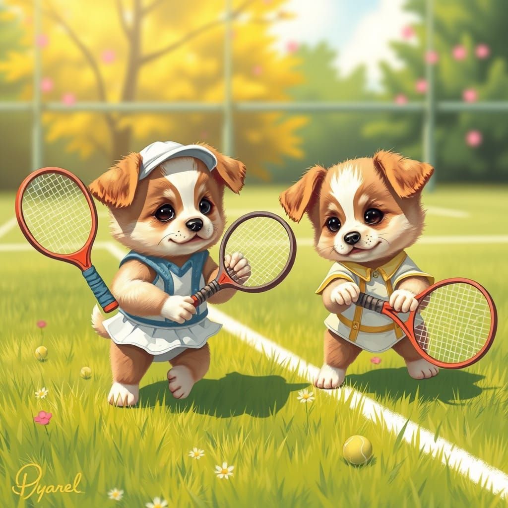 Puppies Playing Tennis in Whimsical Style