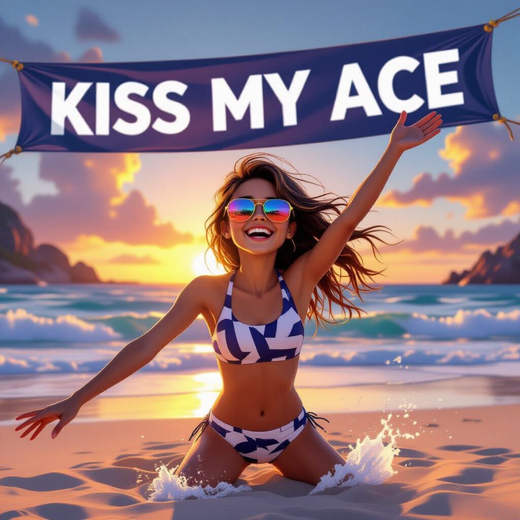 Joyful Girl Plays Volleyball on Beach at Sunset