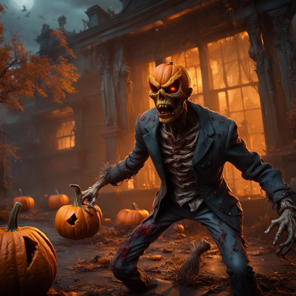 Pumpkin-Man Zombie Shambling in Detailed Matte Painting