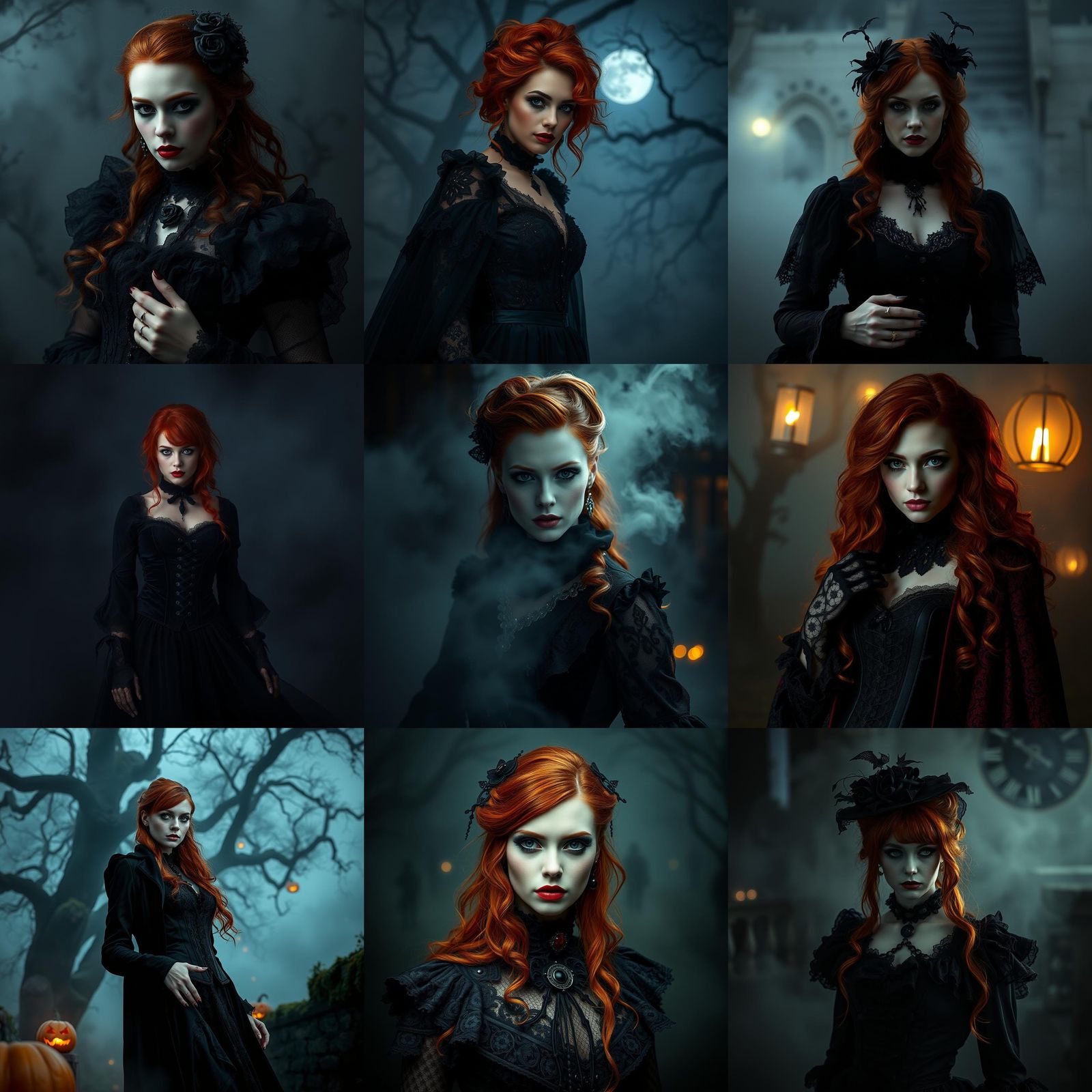 Gothic Redhead Portrait in Misty Halloween Fog