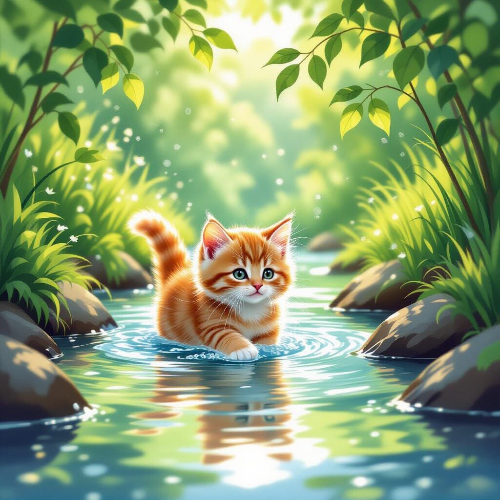 Cute Ginger Kitten Wades Through Stream in Whimsical Digital...