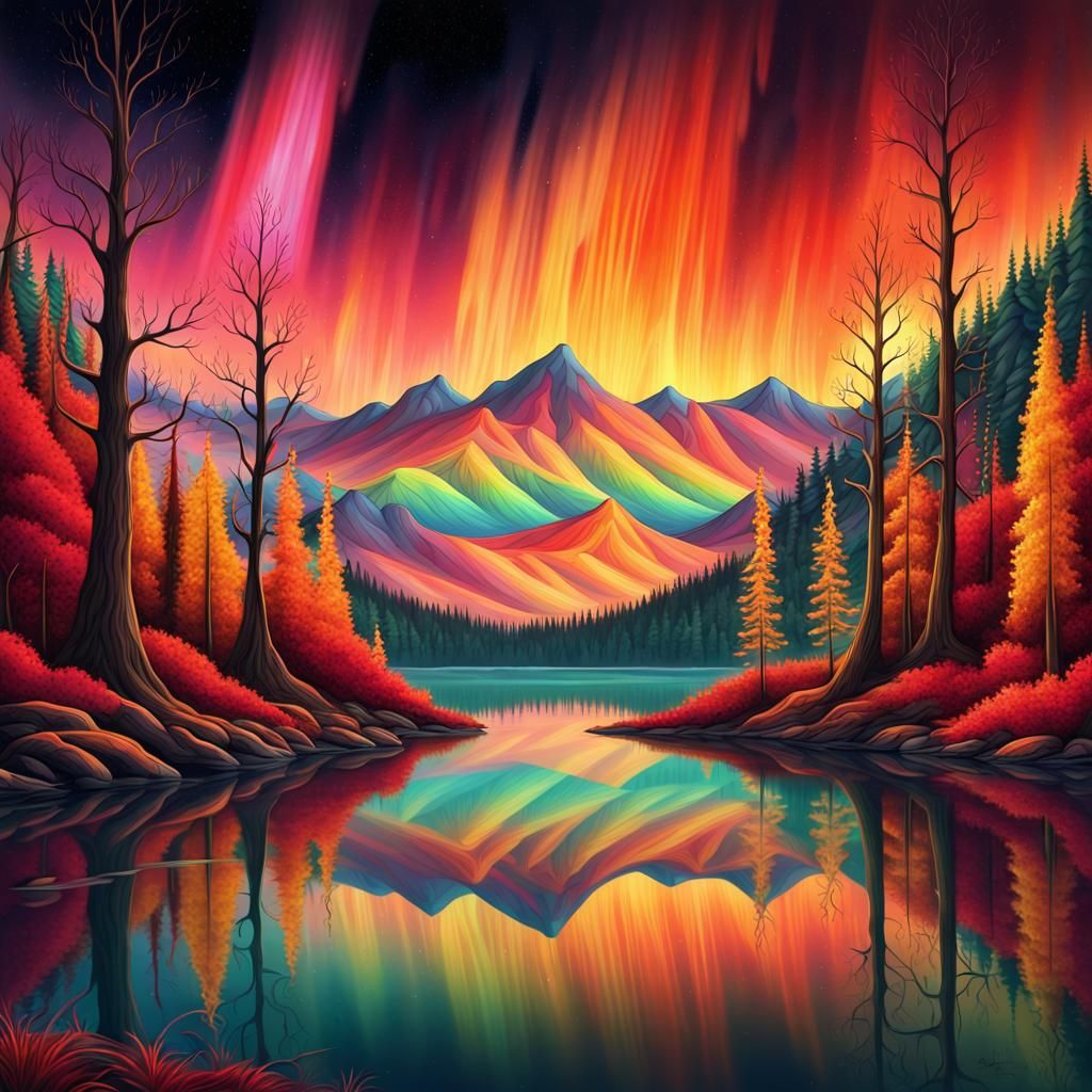 Aurora Mirrored in Magical Lake Amidst Fantasy Forest