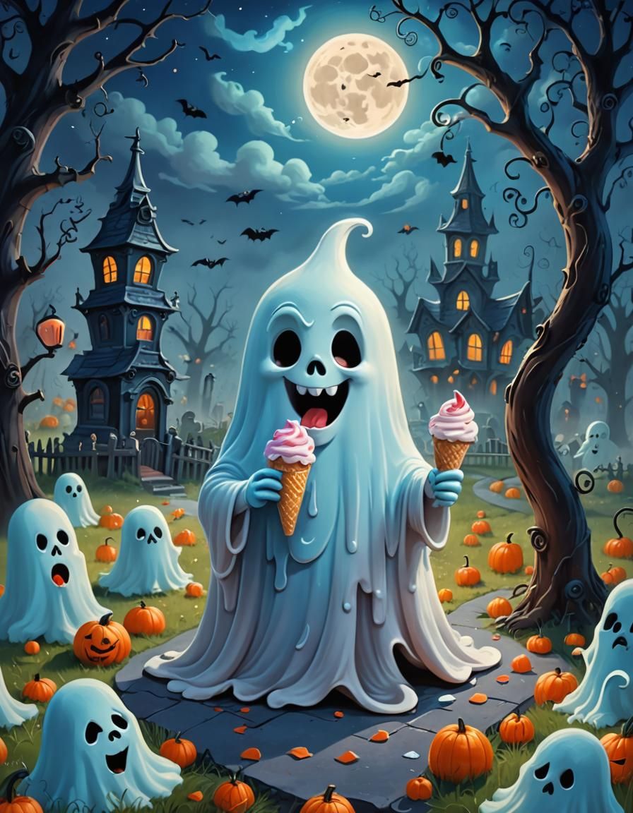 Spooky Ghost Enjoys Halloween Ice Cream: 3D Cartoon