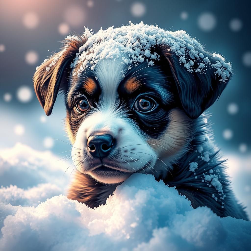 Adorable Puppy in Snow: Hyperrealistic Splash Art
