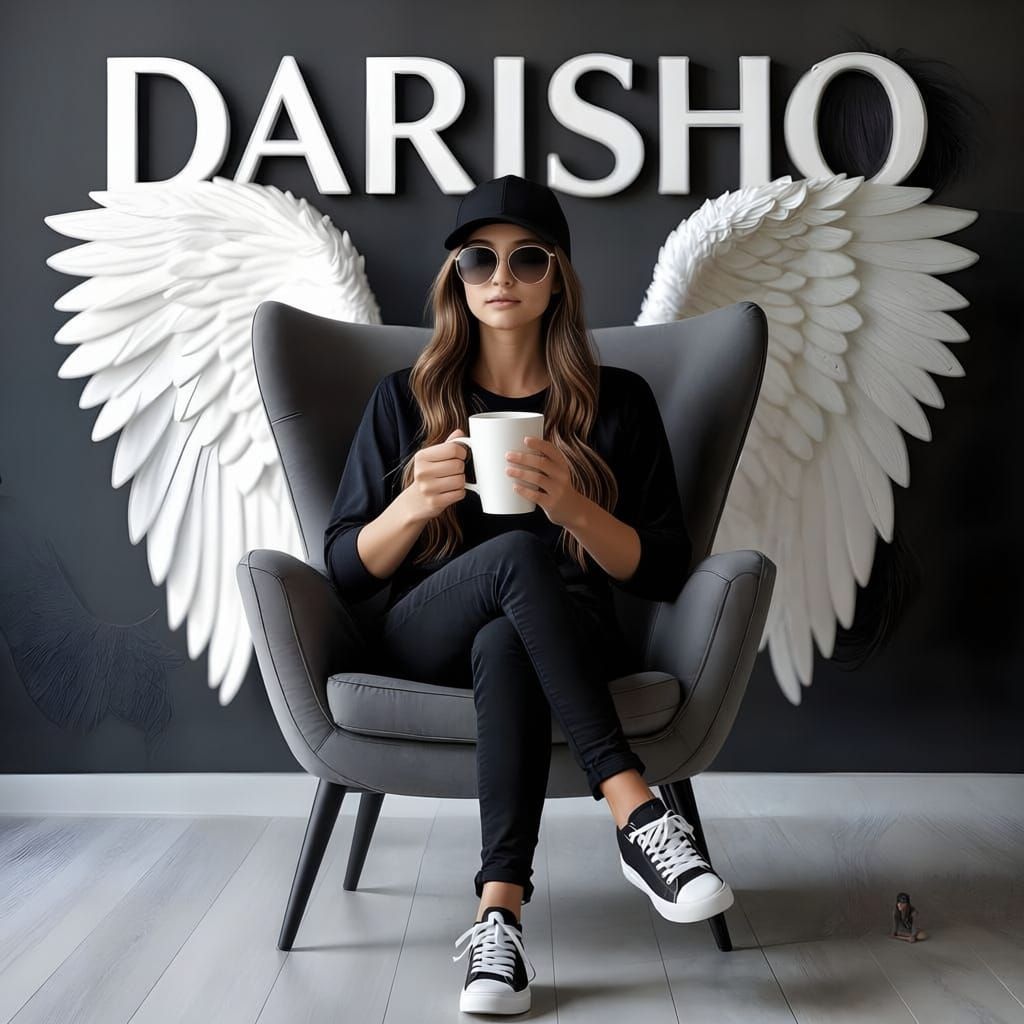 3D Illusion Portrait of Stylish Woman with Angel Wings