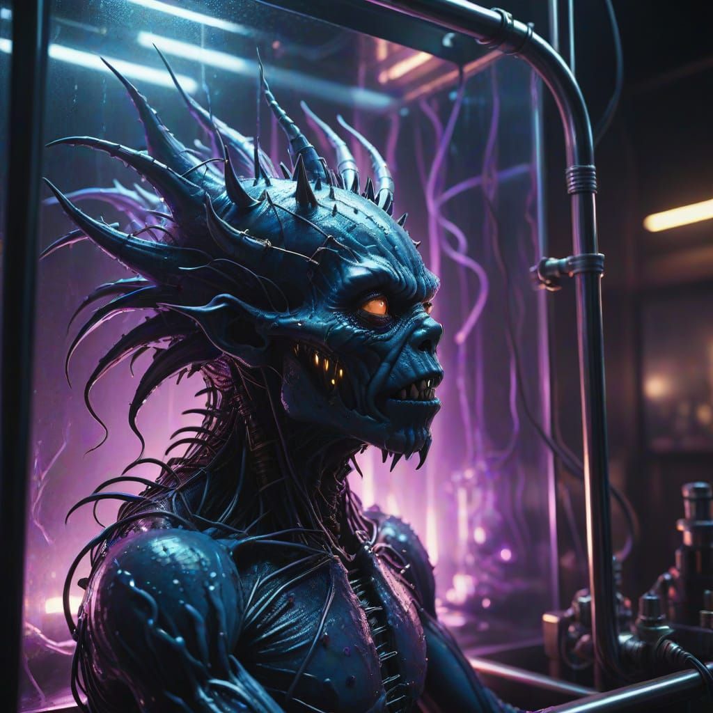 Eerie Cyberpunk Monster in Glass Tank