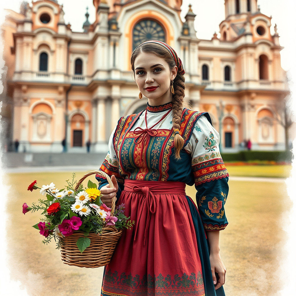 Bulgarian Woman in Traditional Dress with Flowers