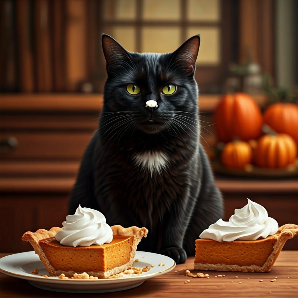 Defiant Black Cat with Pumpkin Pie and Whipped Cream