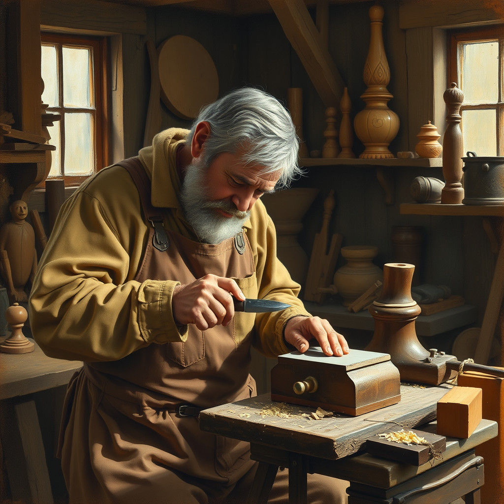 Woodcarver Sharpening Knife in Rustic Workshop