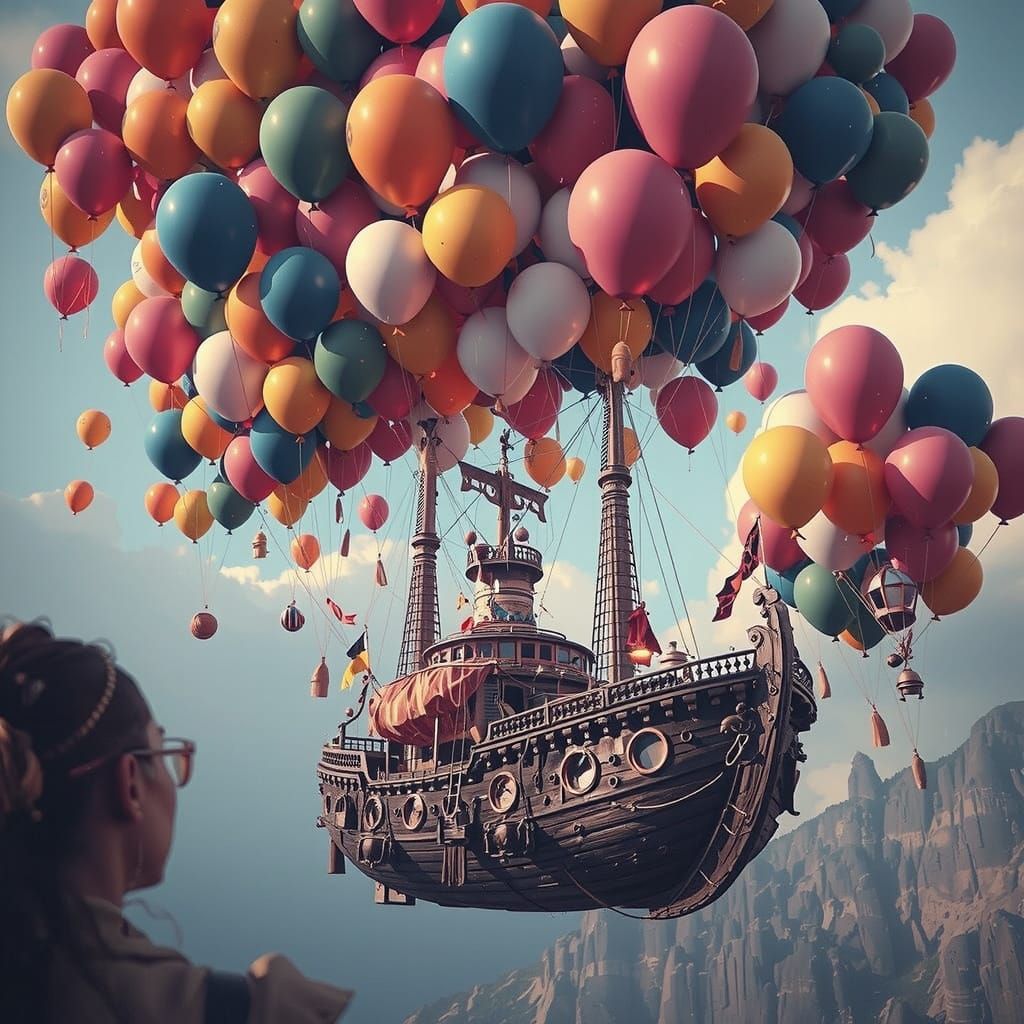 Steampunk Ship Soars with Colorful Balloons