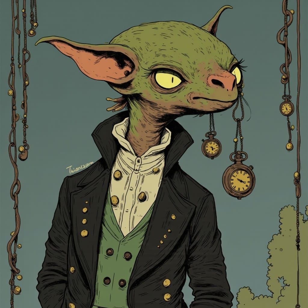 Alien in Victorian Frock Coat Digital Illustration