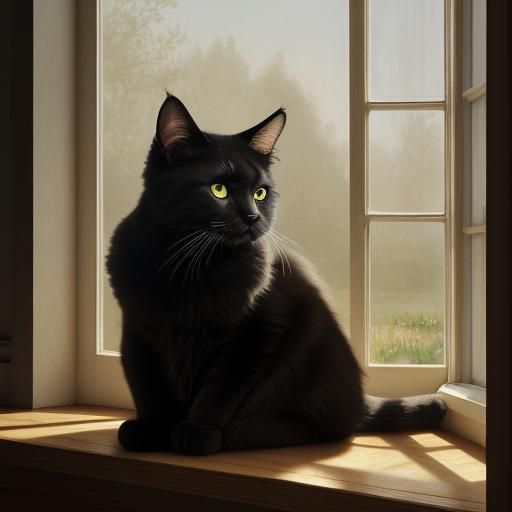 Fluffy Black Cat Basking in Sunny Window as Oil Painting