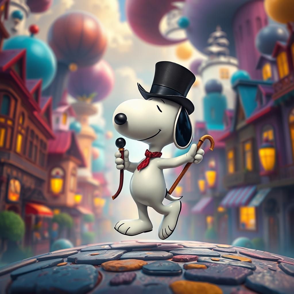 Snoopy Tap Dances in Dreamlike Cityscape