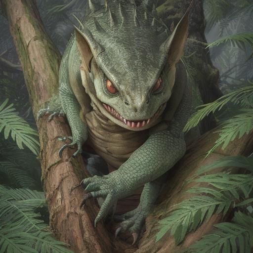 Prehistoric Reptilian Creature in Lush Forest