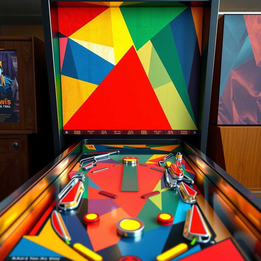 Vibrant Cubist Pinball Machine with Art Deco Accents