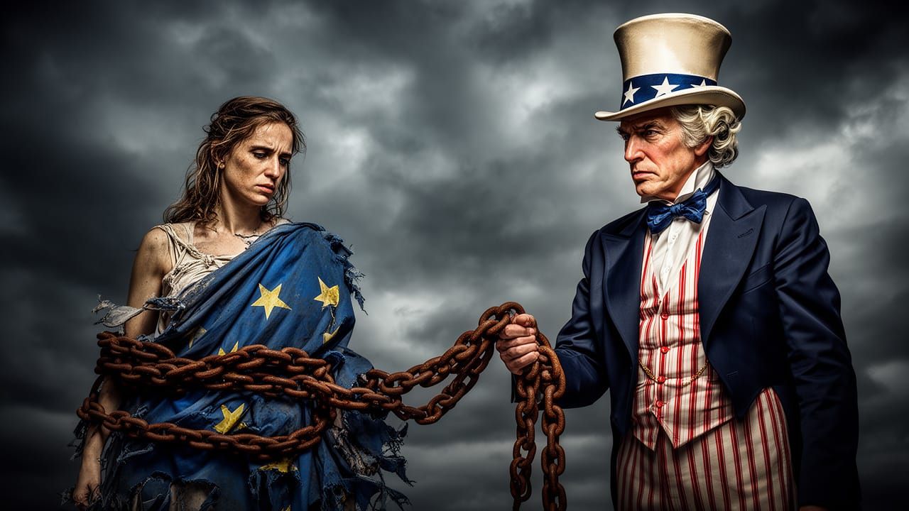 Uncle Sam Chains Lady Europe in Dramatic Sky