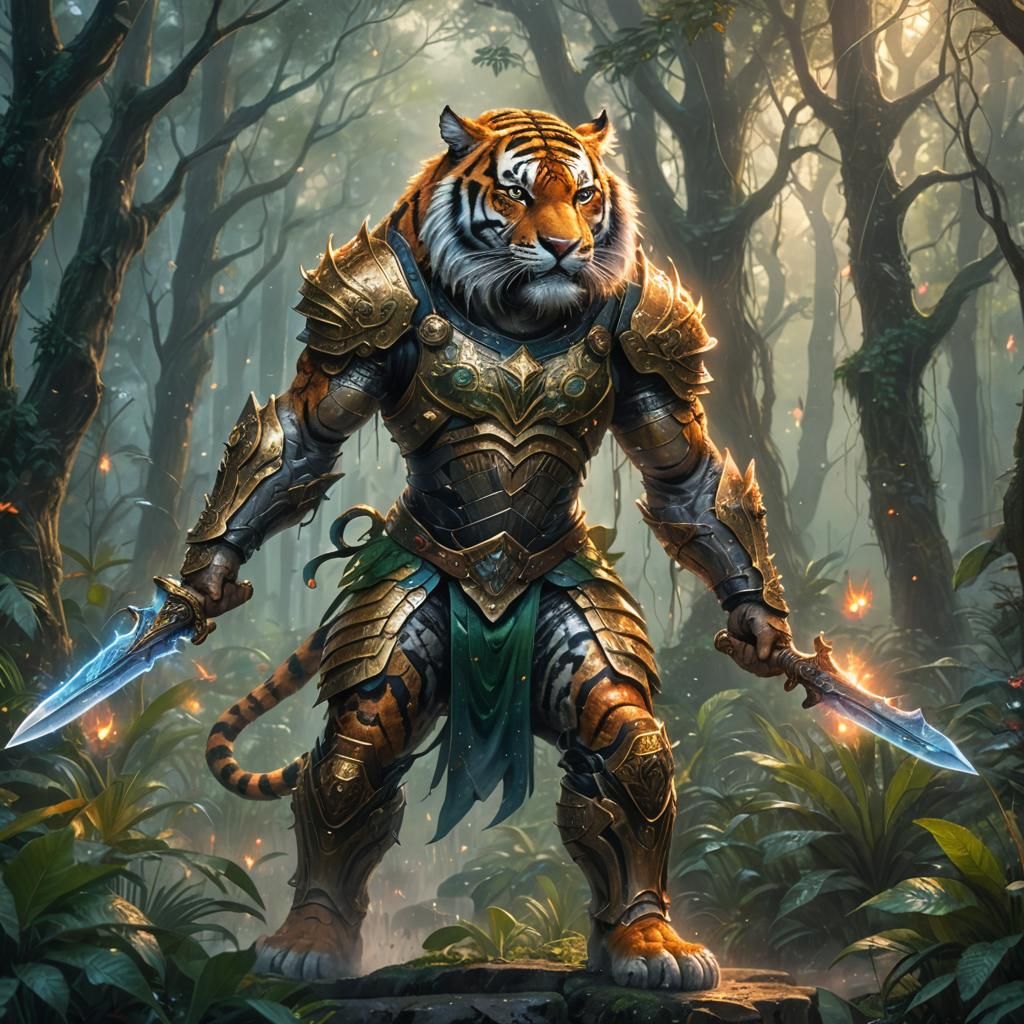 Armored Tiger Warrior in Magical Rainforest
