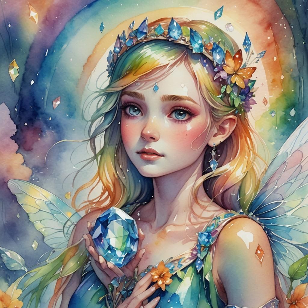 Rainbow Gemstone Guarded by Fairy Queen in Watercolor