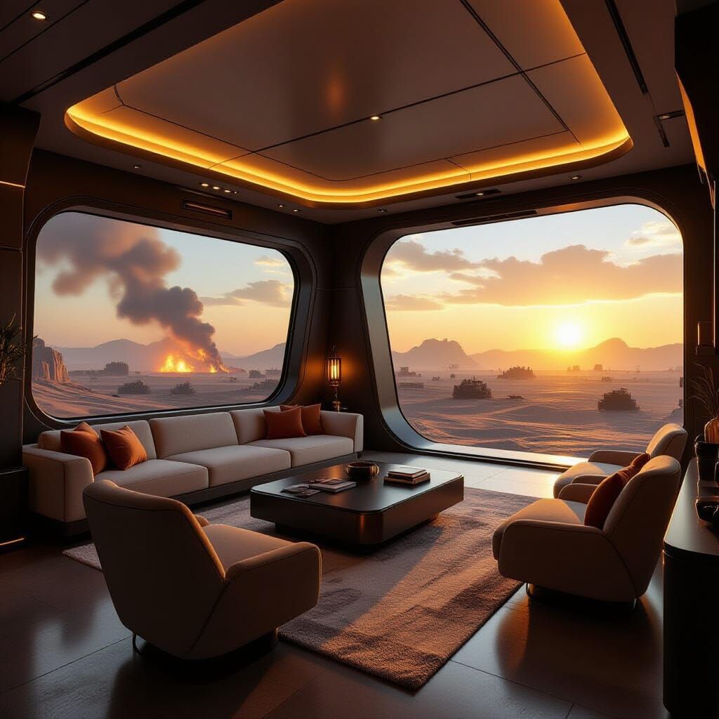Modern Lounge in Armored Survival Vehicle Overlooking Wastel...