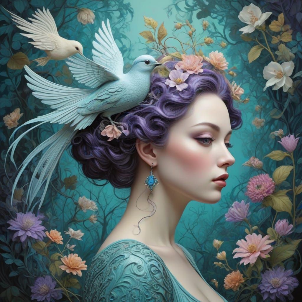 Dreamlike Dancing Woman with Flowers, in Surrealist Style