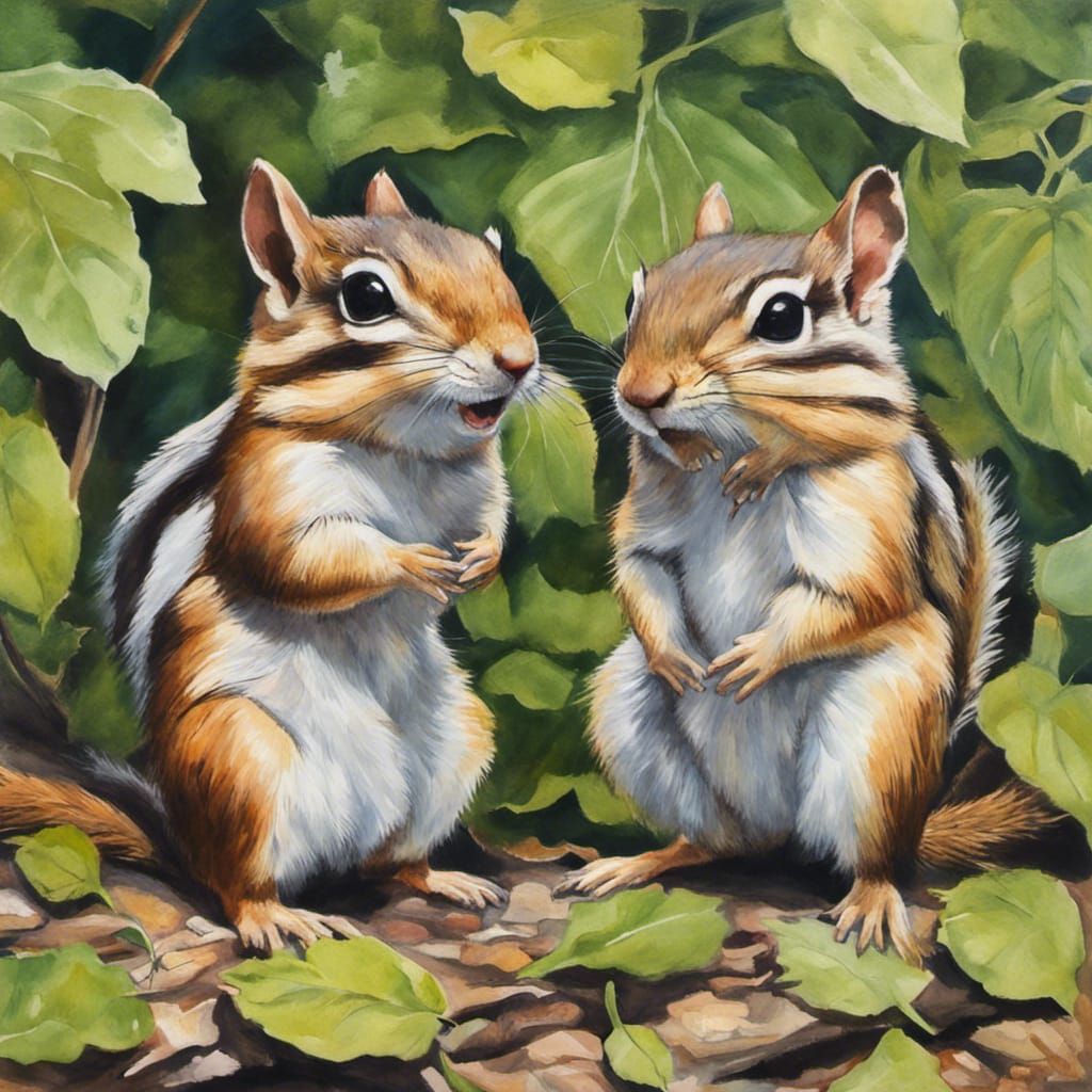 Chipmunks in Natural Habitat, Gouache Painting