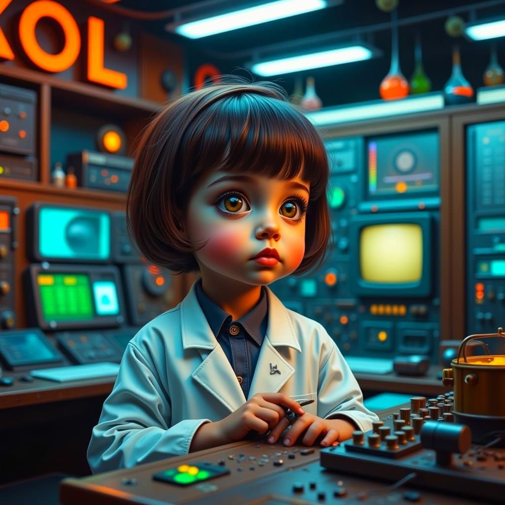 Child Scientist in Retro Control Room