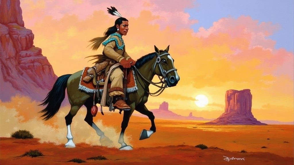 Native American Warrior Rides Through Monument Valley
