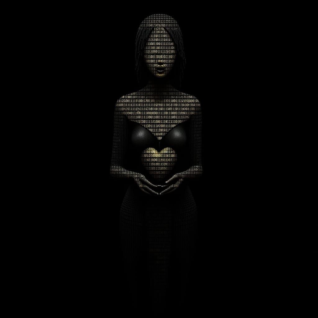 Binary Code Woman Holding Golden Heart in Void