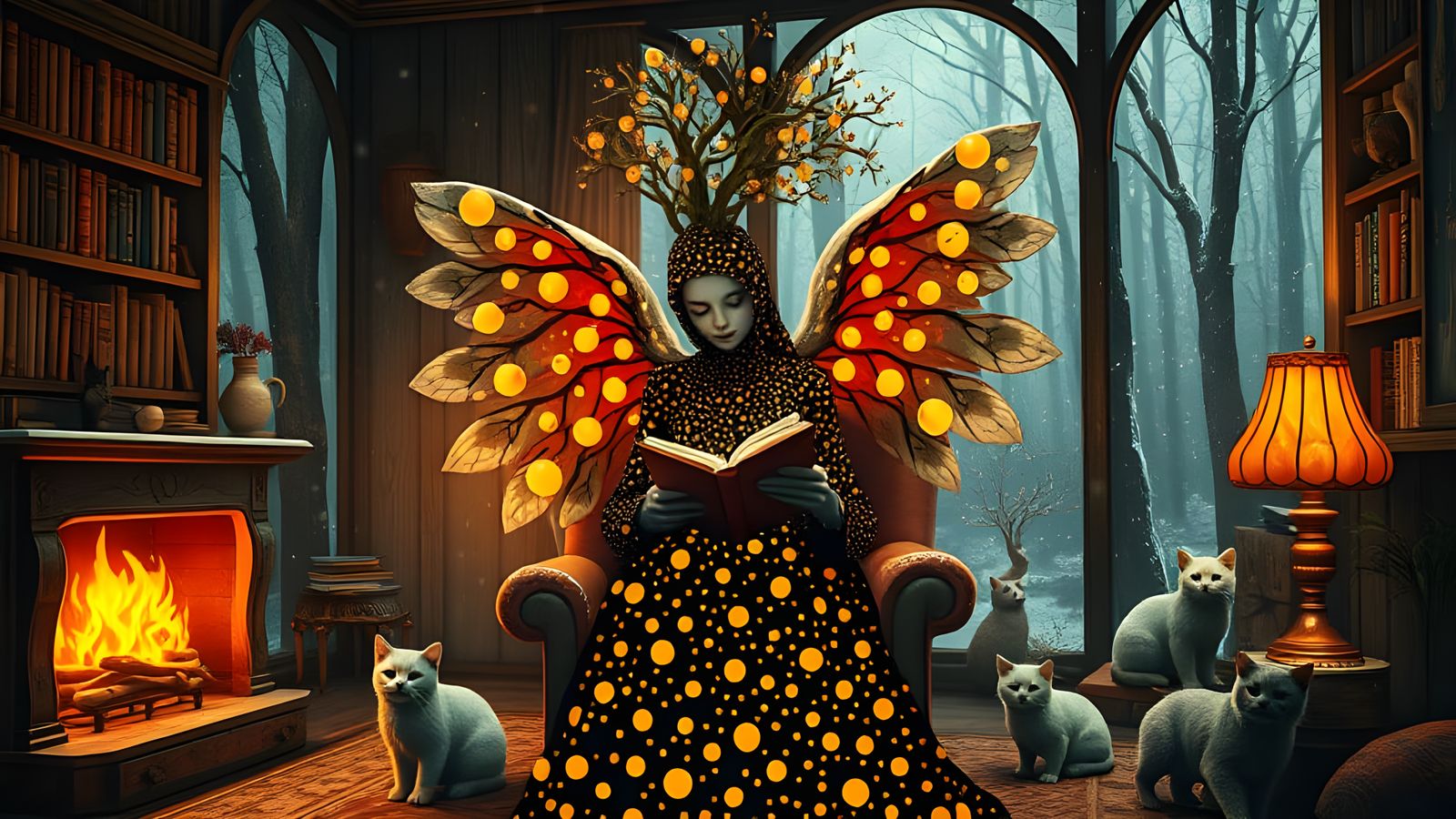 Ethereal Angel of Death in Vibrant Dot Patterns