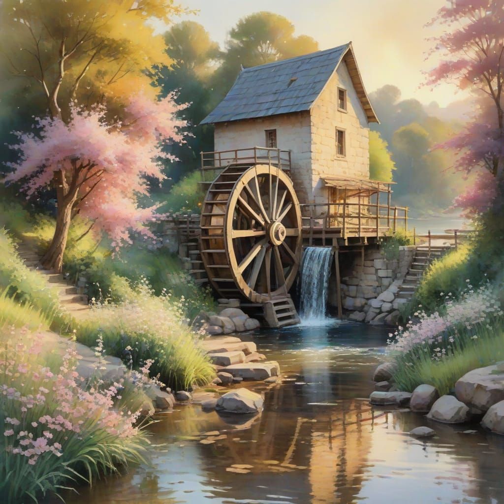 Dreamy Watercolor Waterfall Scene with Ancient City and Soft...