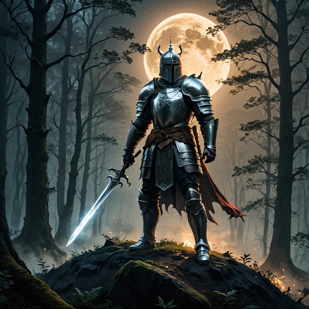 Mythical Knight with Glowing Sword in Misty Forest