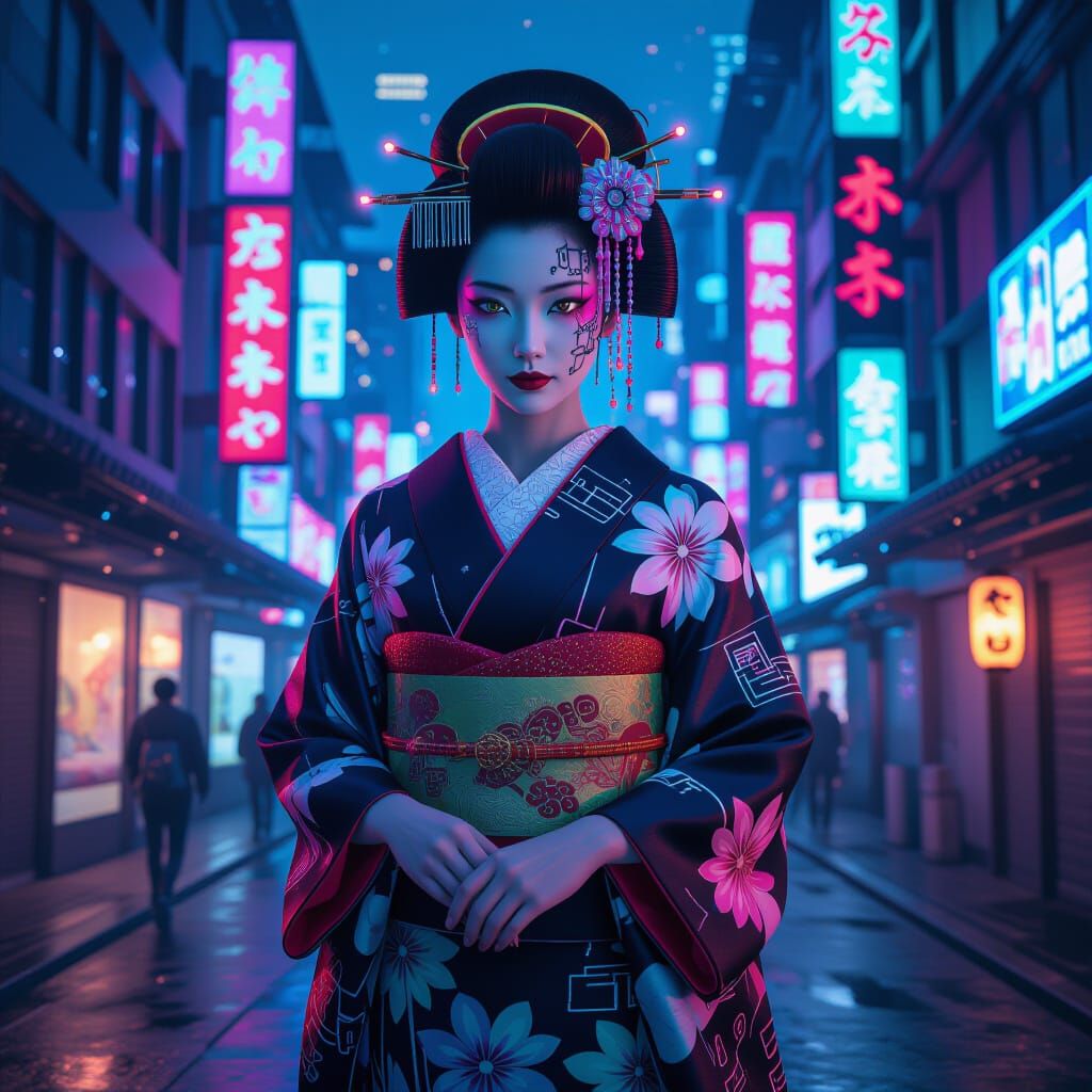 Cyberpunk Geisha with Fiber Optics in Neon City